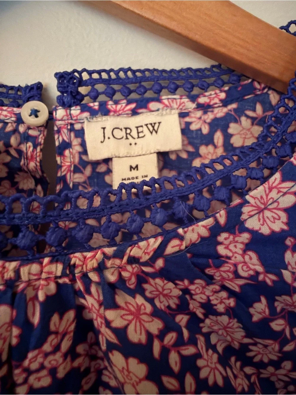 J. Crew Blue Blouse with Pink Floral Print and Ruffle Shoulders